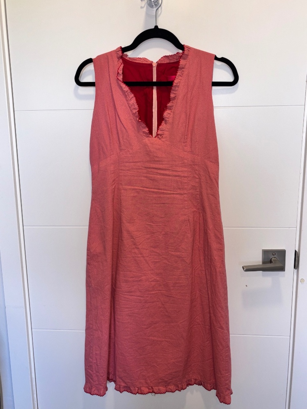Helen Wang New York Coral Pink Polka dot Midi Dress Ruffle Trim Size 8